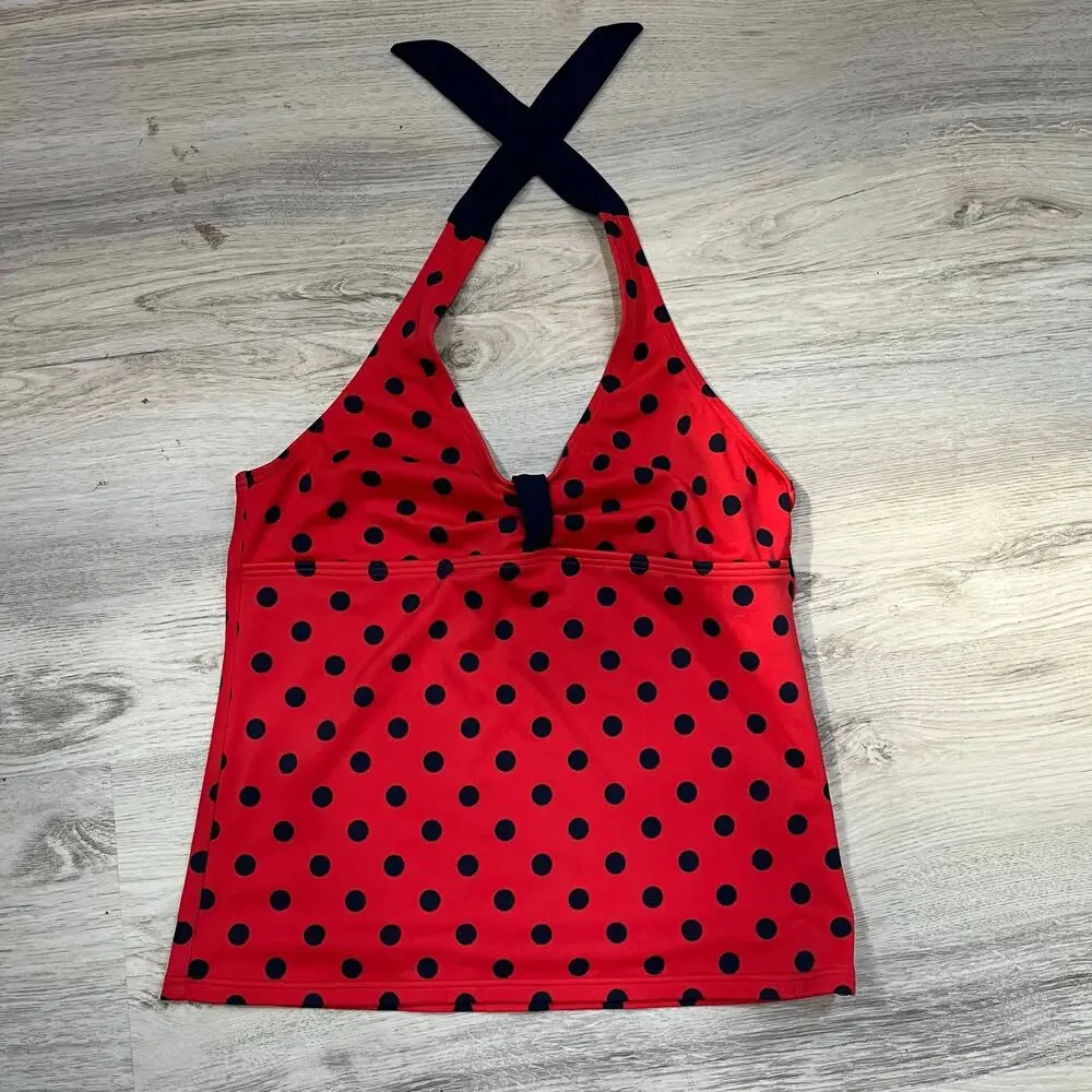 Lands End Red Navy Polka Dot Halter Tankini Swim Top Girls Size 10